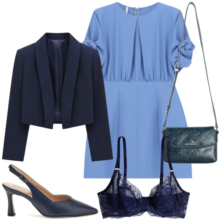 Outfit donna - Qualcosa di blu. Stile Chic per Serata fuori. Abbinamento con borse a tracolla, vestiti corti, bolero, reggiseni, décolleté.