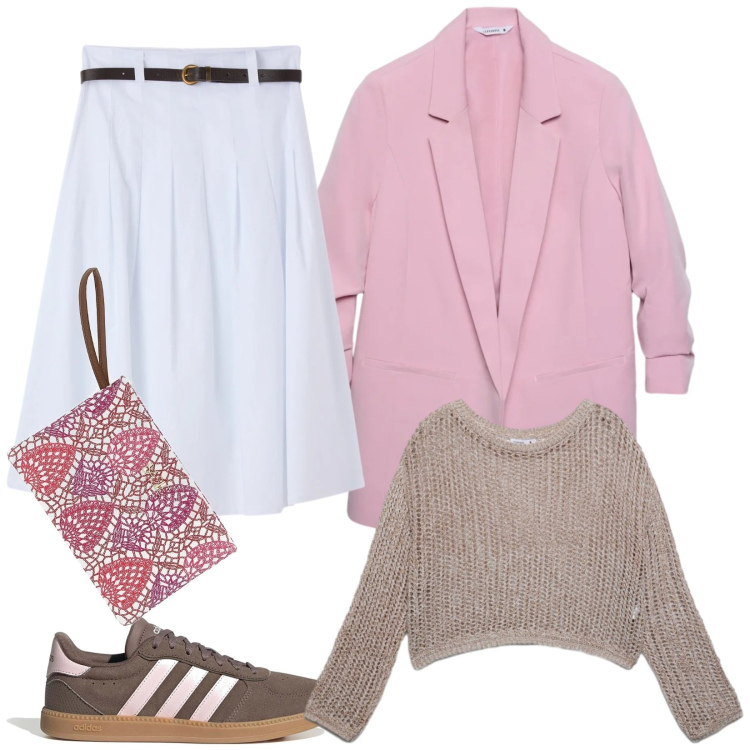Outfit donna - Pasquetta outdoor. Stile Sporty chic per Tutti i giorni. Abbinamento con pochette, blazer, maglieria, sneakers, gonne longuette.