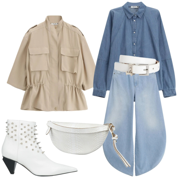 Outfit donna - Fluida e trendy. Stile Trendy per Tutti i giorni. Abbinamento con stivaletti, marsupi, cinture, jeans, camicie, parka.