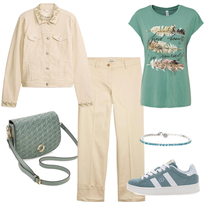 Outfit donna - Natural mint -armocromia primavera soft. Stile Casual per Tutti i giorni. Abbinamento con t-shirt, pantaloni chino, cappotti, braccialetti, sneakers, borse a tracolla.