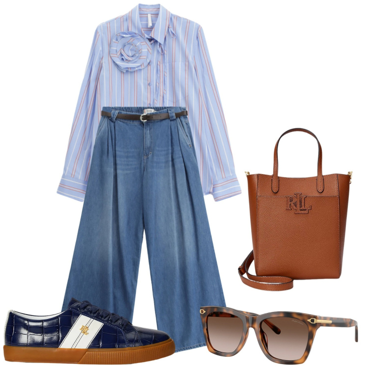 Outfit donna - Aprile. Stile Mannish per Tutti i giorni. Abbinamento con camicie, jeans, borse tote, occhiali da sole, sneakers.