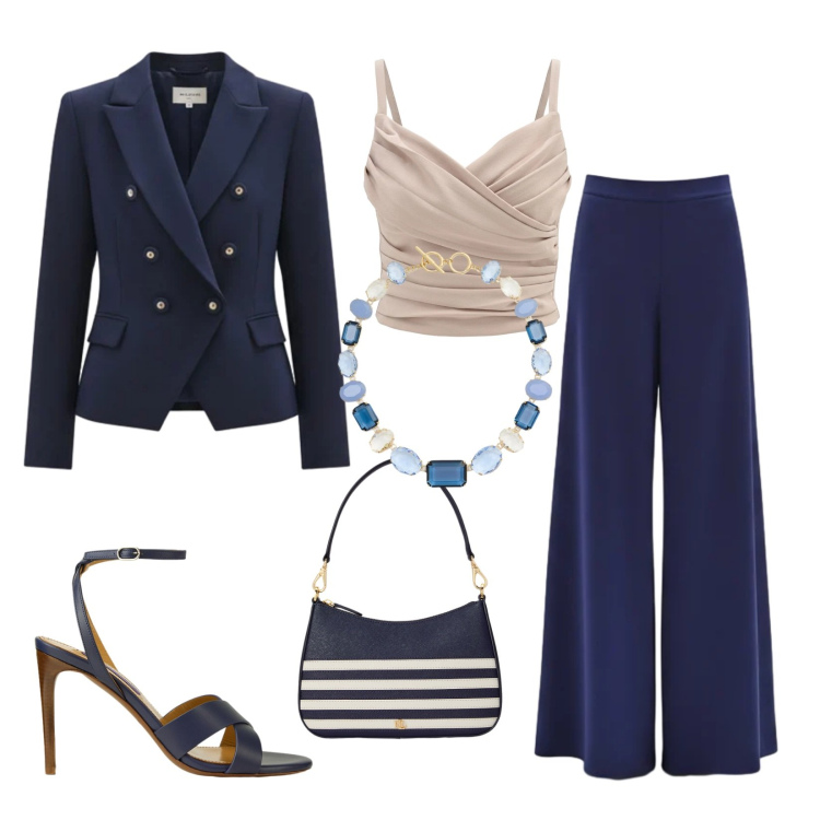 Outfit donna - Pasqua 2026. Stile Minimal per Tutti i giorni. Abbinamento con pantaloni a palazzo, blazer, canottiere, collane, sandali col tacco, borse a spalla.
