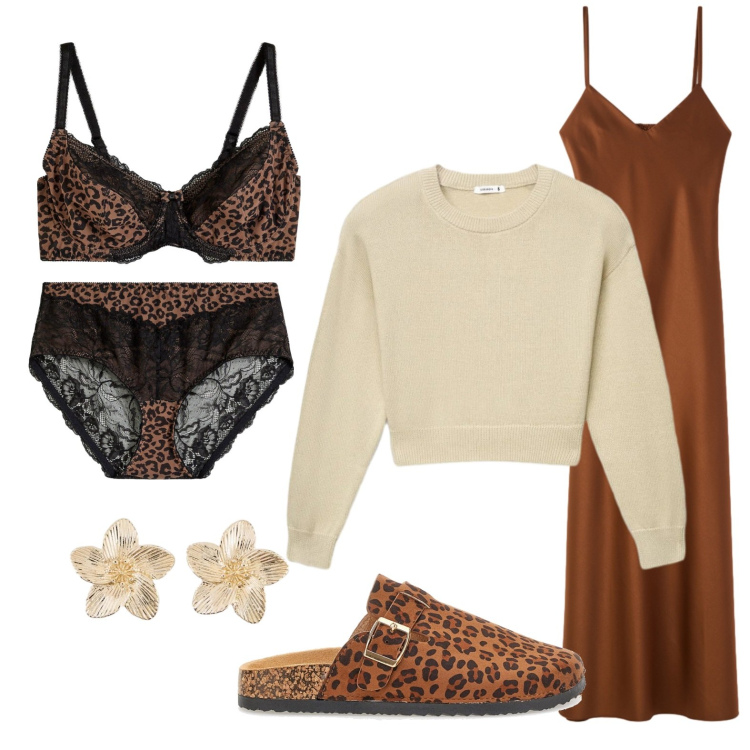 Outfit donna - A casa con amici. Stile Casual chic per Tutti i giorni. Abbinamento con reggiseni, culotte, orecchini, maglieria, sabot, vestiti lunghi.