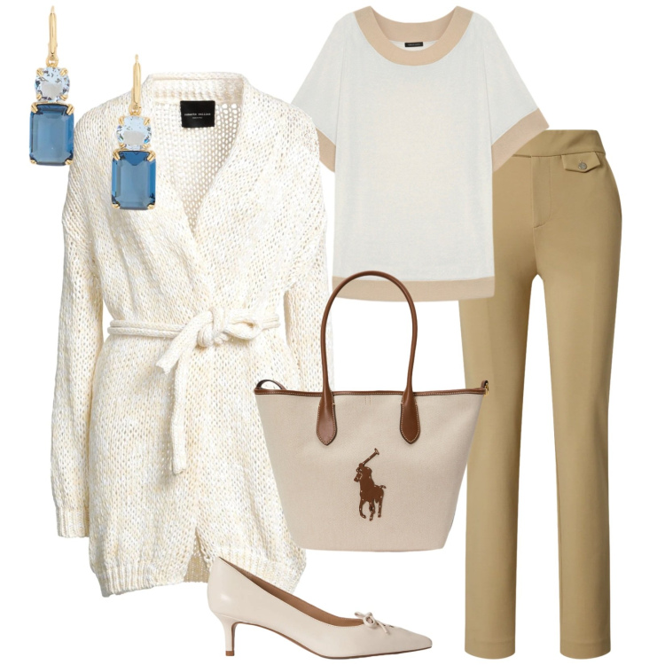 Outfit donna - Total look #2376897. Stile Bon Ton per Ufficio. Abbinamento con cardigans, t-shirt, pantaloni, borse tote, décolleté, orecchini.