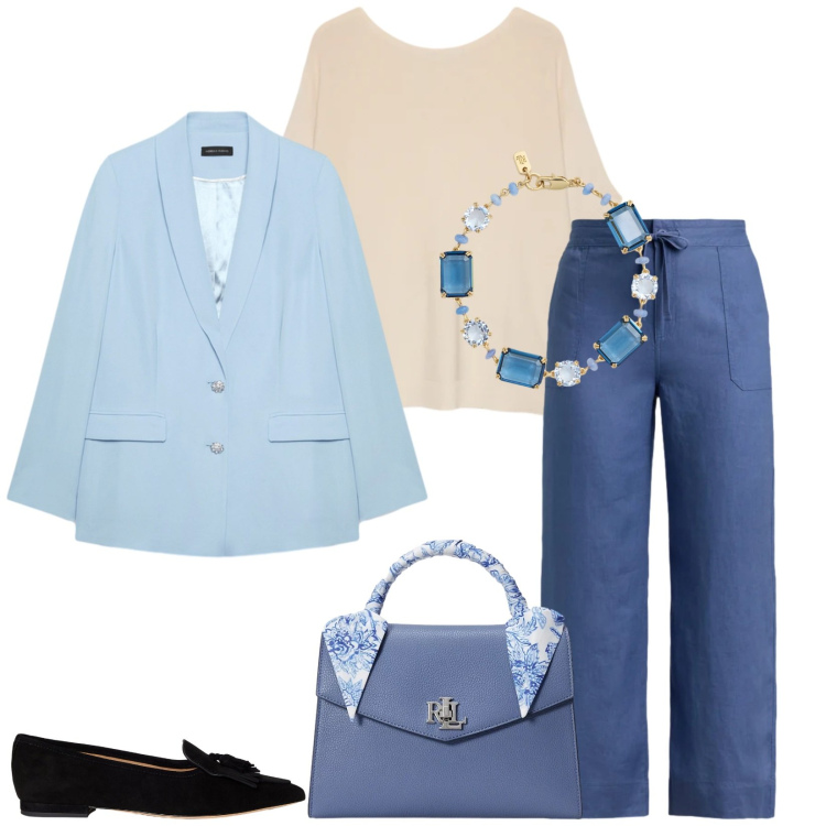 Outfit donna - Total look #2376898. Stile Bon Ton per Ufficio. Abbinamento con blazer, t-shirt, ballerine, braccialetti, pantaloni, borse a mano.