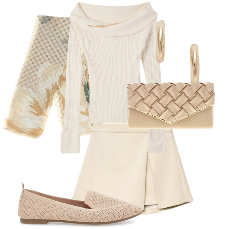 Outfit donna - Total look toni chiari. Stile Casual chic per Tutti i giorni. Abbinamento con orecchini, gonne, pochette, foulard, ballerine, maglieria.