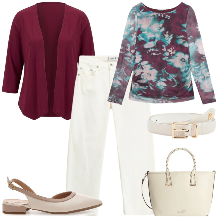 Outfit donna - Total look #2376900. Stile Casual chic per Ufficio. Abbinamento con kimono, t-shirt, shopping bag, cinture, pantaloni, ballerine.