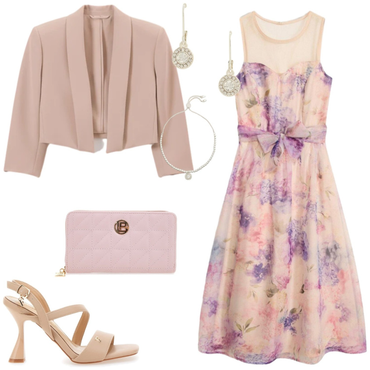 Outfit donna - I colori soft. Stile Glamour per Cerimonia. Abbinamento con vestiti midi/longuette, bolero, braccialetti, orecchini, portafogli, sandali col tacco.