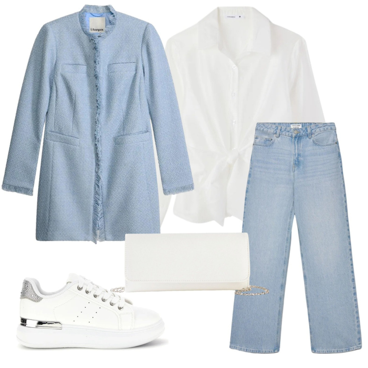 Outfit donna - Bianco e lieve. Stile Casual chic per Tutti i giorni. Abbinamento con pochette, blazer, jeans, sneakers, camicie.