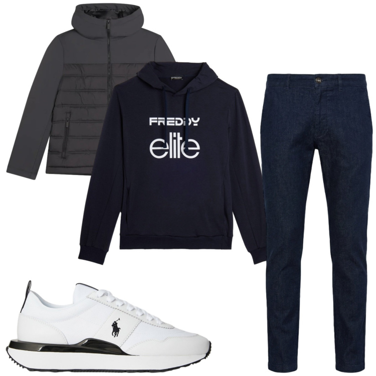 Outfit uomo - Total look #2376907. Stile Casual per Tutti i giorni. Abbinamento con jeans, piumini, felpe con cappuccio, sneakers.
