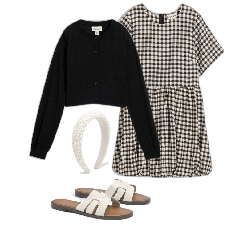 Outfit femme - Robe à carreaux. Style Romantique pour Tous les jours. Assortir avec pulls, robes courtes, bandeaux, pantoufles.