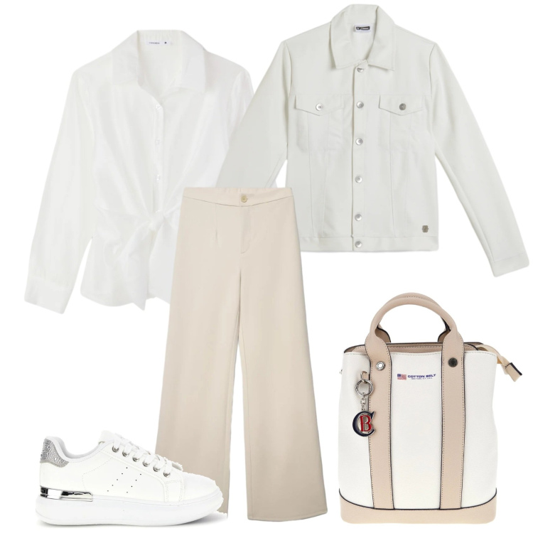 Outfit donna - Primavera in bianco. Stile Casual chic per Tutti i giorni. Abbinamento con giacche, pantaloni, sneakers, zaini, camicie.