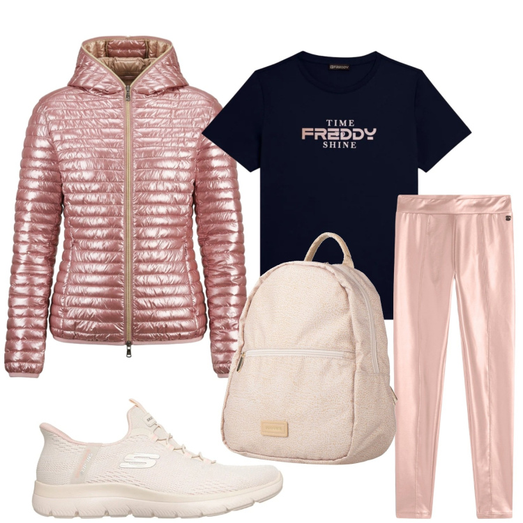 Outfit donna - Total look #2376910. Stile Sporty chic per Tutti i giorni. Abbinamento con zaini, treggings, t-shirt sportive, piumini, sneakers.
