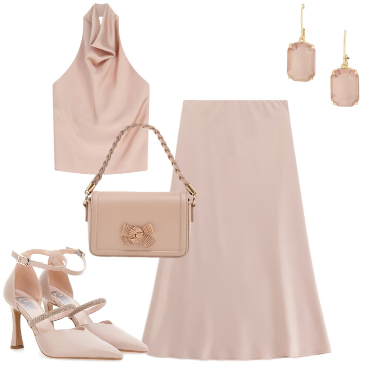 Outfit donna - La gunna midi. Stile Chic per Tutti i giorni. Abbinamento con gonne longuette, top, pochette, orecchini, décolleté.