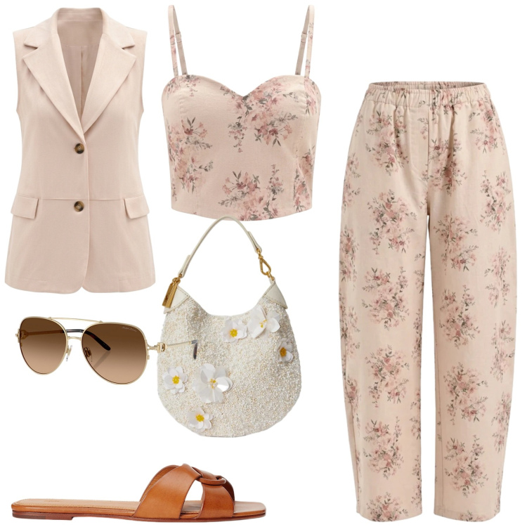 Outfit donna - Fiori di primavera. Stile Romantica per Tutti i giorni. Abbinamento con pantaloni, canottiere, gilet, occhiali da sole, ciabatte, pochette.