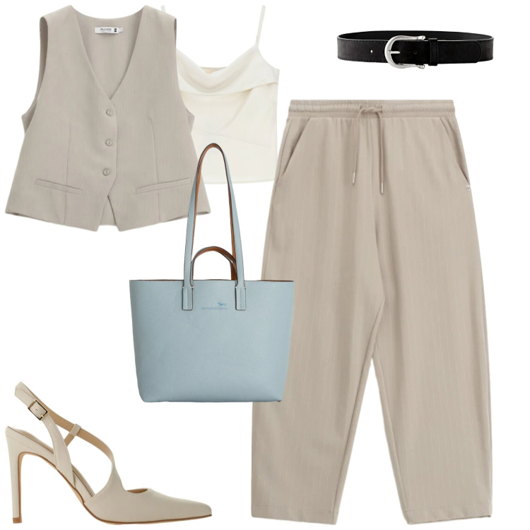 Outfit donna - City. Stile Trendy per Tutti i giorni. Abbinamento con cinture, shopping bag, gilet, pantaloni, canottiere, décolleté.