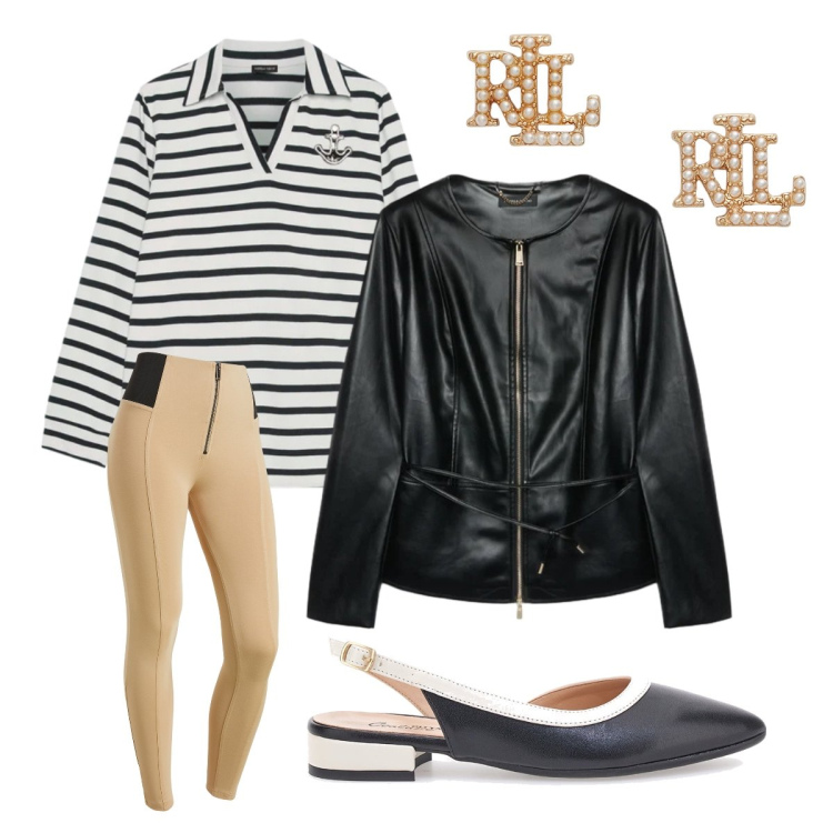 Outfit donna - Iniziare bene la giornata. Stile Bon Ton per Tutti i giorni. Abbinamento con polo, blazer, pantaloni skinny, orecchini, ballerine.