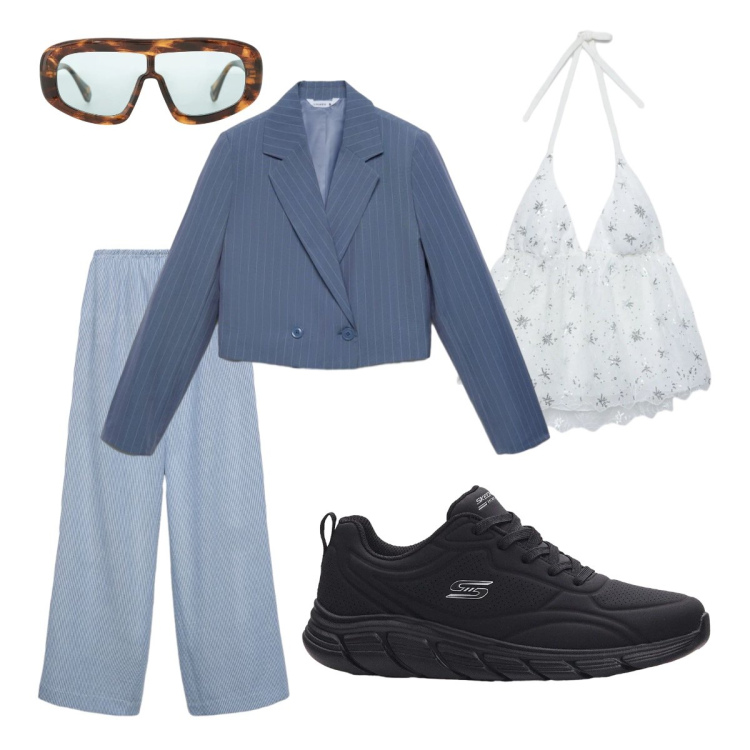 Outfit donna - Urban style. Stile Urban per Tutti i giorni. Abbinamento con sneakers, top, blazer, pantaloni, occhiali da sole.