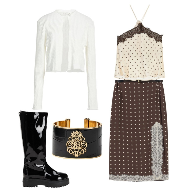Outfit donna - Pois. Stile Trendy per Serata fuori. Abbinamento con cardigans, stivali, gonne lunghe, top, braccialetti.