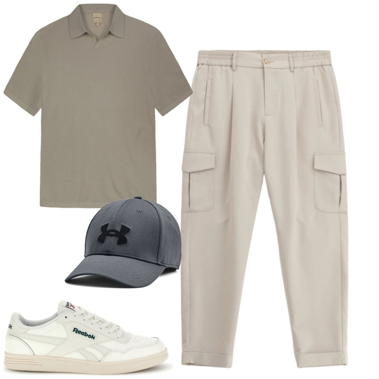 Outfit uomo - City. Stile Casual per Tutti i giorni. Abbinamento con pantaloni cargo, cappelli, polo, sneakers.