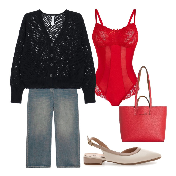 Outfit donna - Sexy curvy mood. Stile Sexy per Serata fuori. Abbinamento con body, jeans, shopping bag, cardigans, ballerine.