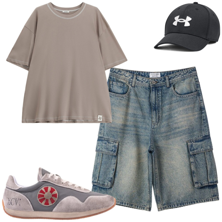 Outfit uomo - Aprile. Stile Casual per Tutti i giorni. Abbinamento con t-shirt, cappelli, pantaloni corti, sneakers.