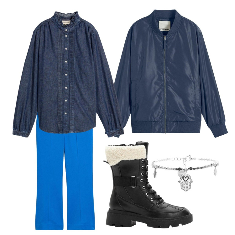 Outfit donna - Denim spring 2026. Stile Urban per Tutti i giorni. Abbinamento con bomber, anfibi, pantaloni, camicie, braccialetti.