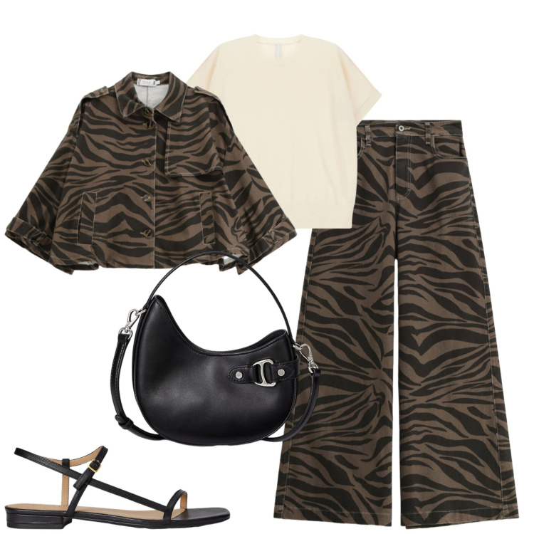 Outfit donna - Please. Stile Urban per Tutti i giorni. Abbinamento con pantaloni a palazzo, blazer, t-shirt, borse a tracolla, sandali in pelle.