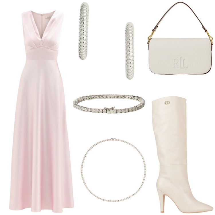Outfit donna - Elegant. Stile Bon Ton per Serata fuori. Abbinamento con stivali, vestiti lunghi, orecchini, collane, braccialetti, borse a spalla.