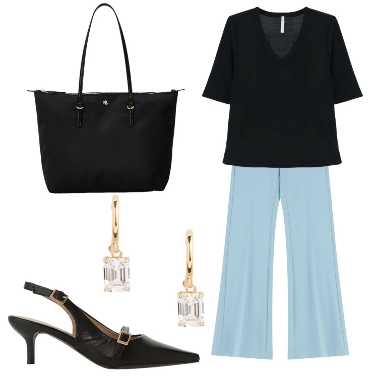 Outfit donna - Sprazzo celeste. Stile Basic per Tutti i giorni. Abbinamento con pantaloni, t-shirt, sandali col tacco, borse tote, orecchini.