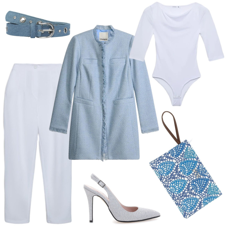 Outfit donna - Cloud dancer. Stile Casual chic per Serata fuori. Abbinamento con blazer, pantaloni chino, t-shirt, cinture, décolleté, pochette.