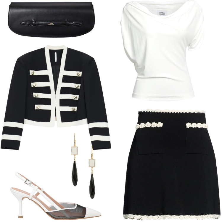 Outfit donna - Total look #2376935. Stile Trendy per Serata fuori. Abbinamento con top, décolleté, minigonne, blazer, clutch, orecchini.