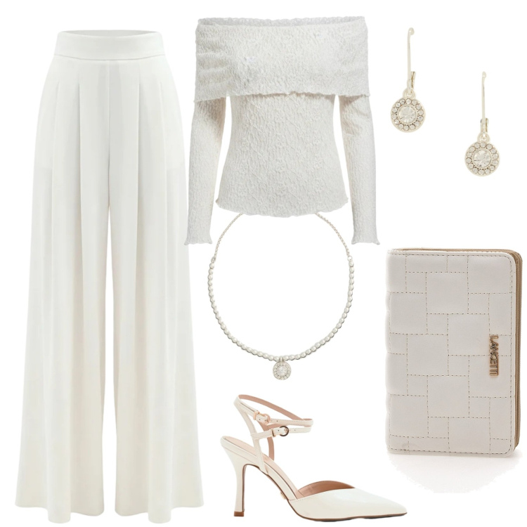 Outfit donna - Cloud dancer. Stile Chic per Cerimonia. Abbinamento con bluse, pantaloni a palazzo, décolleté, braccialetti, orecchini, portafogli.