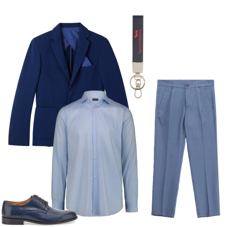 Outfit uomo - Blue Symphony. Stile Urban per Tutti i giorni. Abbinamento con giacche, pantaloni, portachiavi, scarpe stringate, camicie.