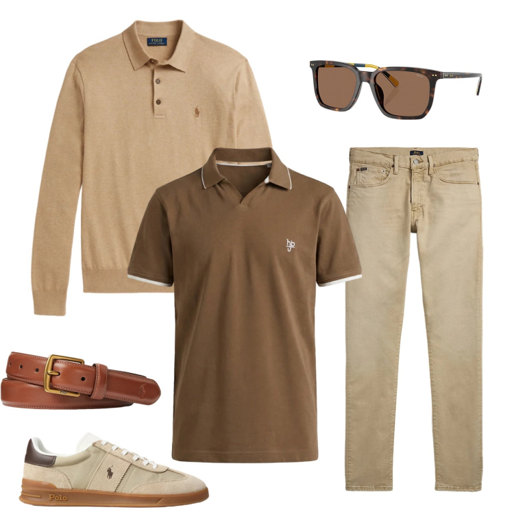 Outfit uomo - Eleganza Casual in Terra e Caffè. Stile Urban per Tutti i giorni. Abbinamento con polo, cinture, occhiali da sole, jeans, maglieria, sneakers.