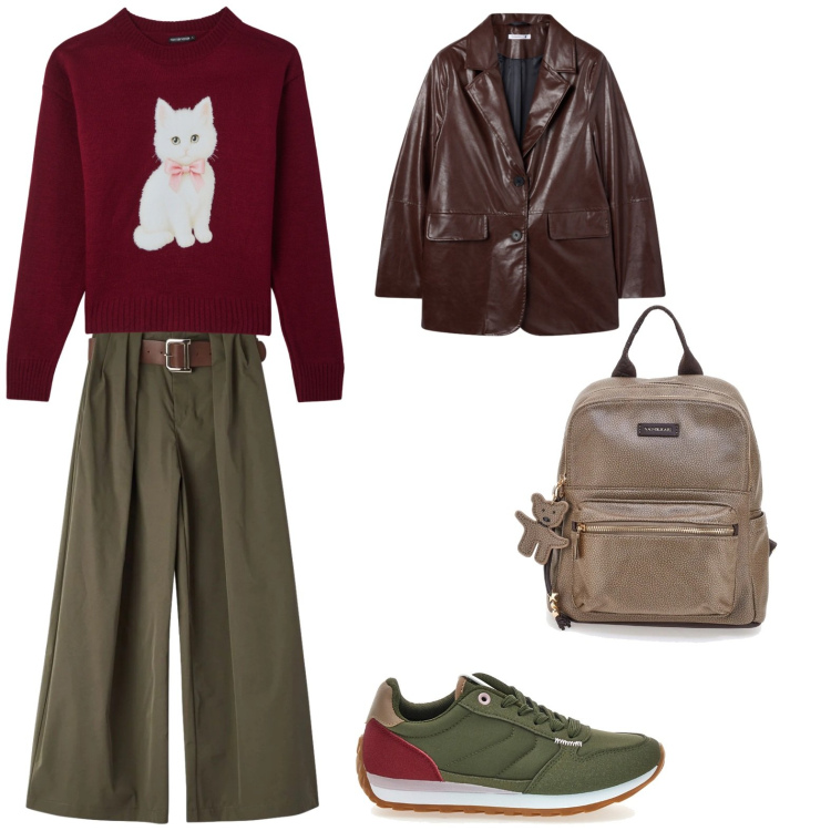 Outfit donna - Battito animale. Stile Casual per Ufficio. Abbinamento con blazer, maglieria, pantaloni, zaini, sneakers.