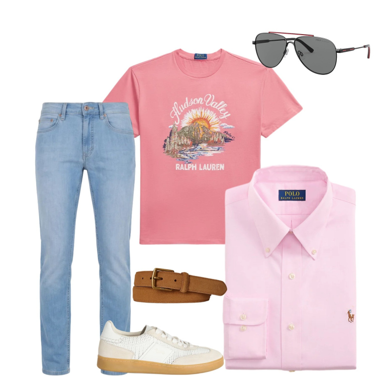 Outfit uomo - Look casual estivo Ralph Lauren. Stile Urban per Tutti i giorni. Abbinamento con sneakers, jeans, occhiali da sole, cinture, camicie, t-shirt.