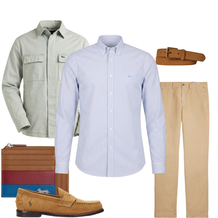 Outfit uomo - Stile Preppy Safari. Stile Urban per Tutti i giorni. Abbinamento con portamonete, giacche, camicie, pantaloni, scarpe stringate, cinture.