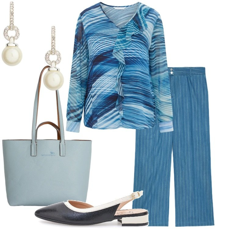 Outfit donna - Curve in movimento - Focus Donna Curvy. Stile Romantica per Ufficio. Abbinamento con bluse, jeans, shopping bag, orecchini, ballerine.
