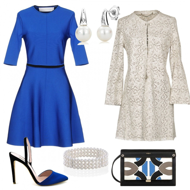 Outfit donna - Cerimonia invernale. Stile Chic per Cerimonia. Abbinamento con soprabito collo tondo a maniche lunghe interno sfoderato in pelle sintetica tinta unita, vestito corto a trapezio lavorato a maglia collo tondo a maniche corte interno sfoderato tinta unita, sandali, sabot, mules e ciabattine trendy con cinturino in raso, bracciale con perle in argento 925 bianco, orecchini con perle in oro bianco certificato autenticità, borsa a tracolla fantasia geometrica in pelle con tracolla regolabile.