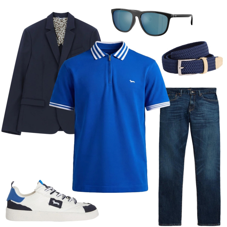 Outfit uomo - Un\'eleganza sportiva. Stile Casual per Tutti i giorni. Abbinamento con cinture, sneakers, polo, giacche, jeans dritti, occhiali da sole.