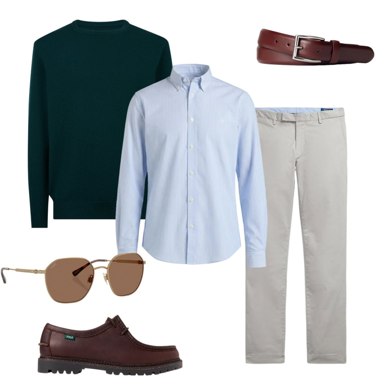 Outfit uomo - Stile Smart Casual. Stile Casual per Tutti i giorni. Abbinamento con camicie, cinture, scarpe stringate, occhiali da sole, pantaloni, maglieria.