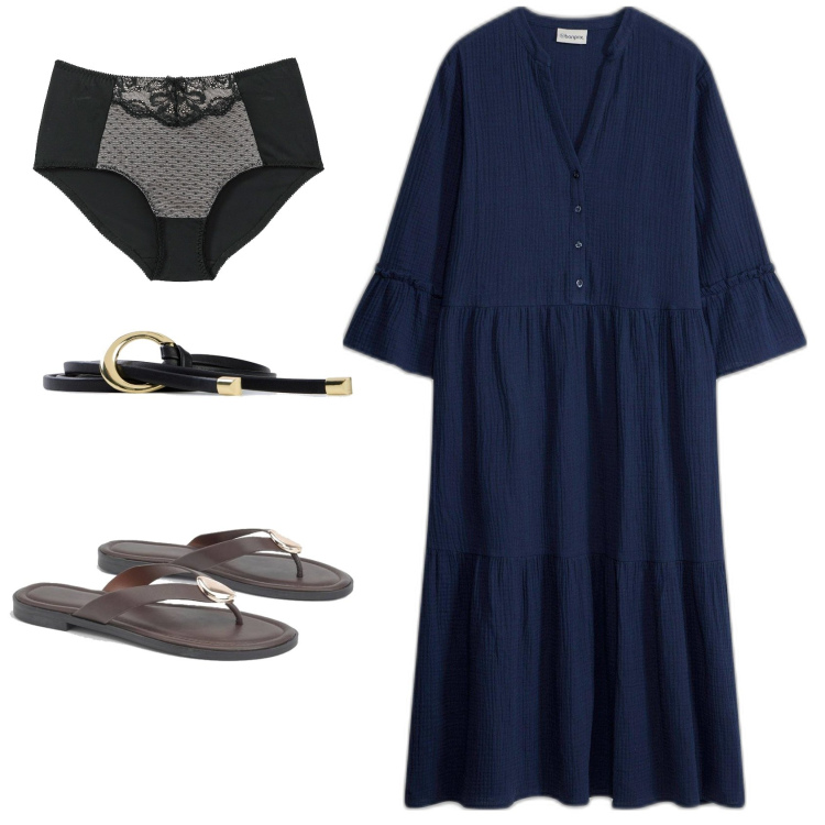 Outfit femme - Robe bleue. Style Boho pour Tous les jours. Assortir avec jupes-culotte, robes longues, ceintures, tong.
