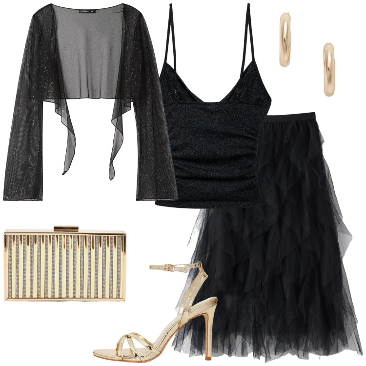 Outfit donna - Per una serata fuori. Stile Glamour per Serata fuori. Abbinamento con clutch, orecchini, blazer, sandali col tacco, gonne lunghe, top.