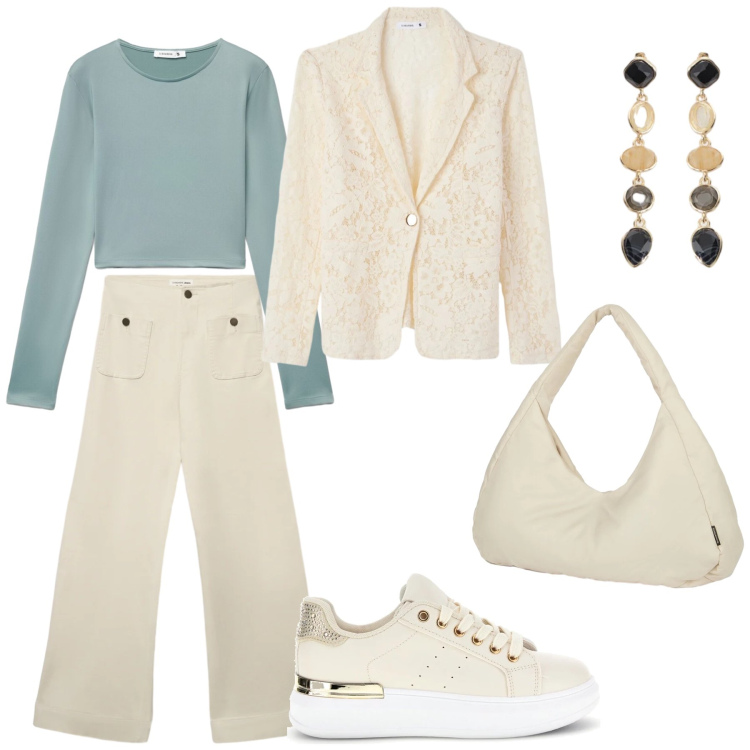 Outfit donna - Aria di primavera. Stile Casual chic per Tutti i giorni. Abbinamento con jeans, t-shirt, blazer, cappelli con visiera, borse a spalla, sneakers.