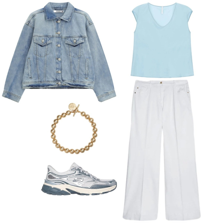 Outfit donna - Azzurro cielo. Stile Urban per Tutti i giorni. Abbinamento con pantaloni, blazer, top, braccialetti, sneakers.