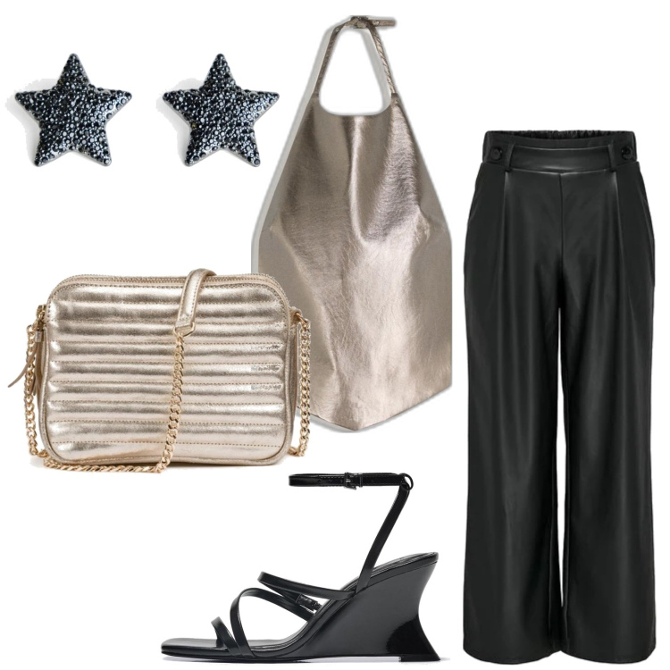 Outfit mujer - Trendy look. Estilo Trendy para Noche/Fiesta elegante. Combinación con bolsos de hombro, pantalones, sandalias de tacón, top, pendientes.