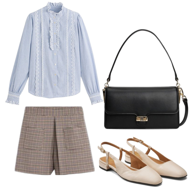 Outfit mujer - Preppy look. Estilo Preppy para Todos los días. Combinación con shorts, blusas, bailarinas, bandoleras.