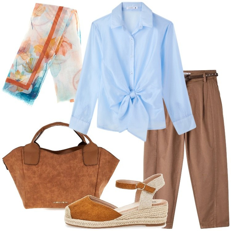 Outfit donna - Curve in movimento - Focus Donna Curvy. Stile Basic per Tutti i giorni. Abbinamento con camicie, pantaloni, borse a mano, foulard, zeppe.