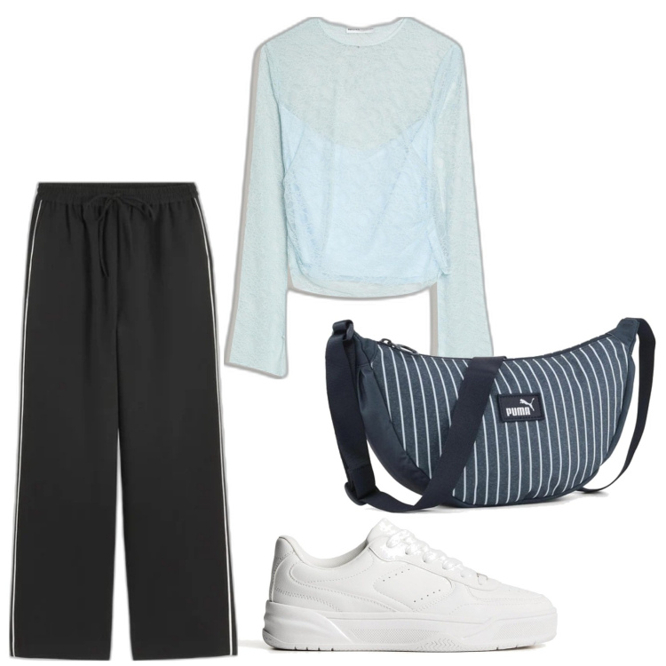 Outfit mujer - Casual look. Estilo Casual para Todos los días. Combinación con bandoleras, pantalones, sneakers, camiseta.